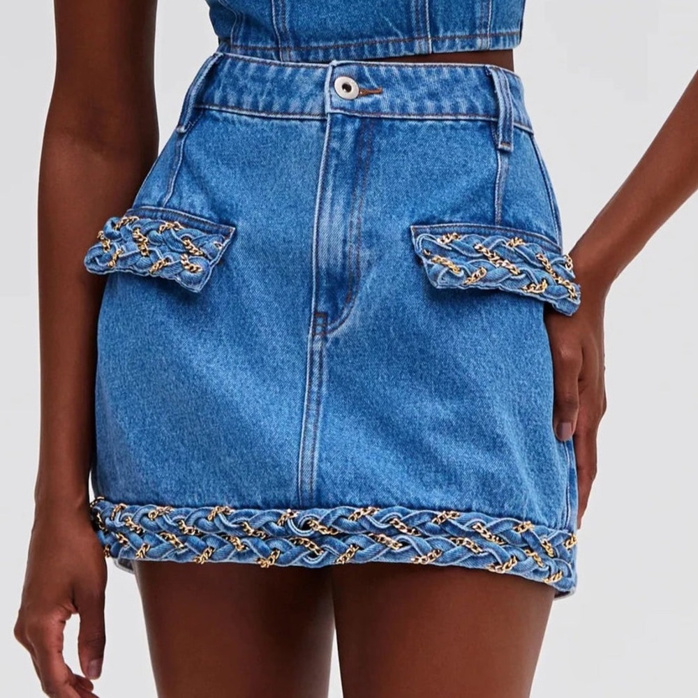 NWOT PatBO Braided Denim Mini Skirt with Gold Chain Accents size 8